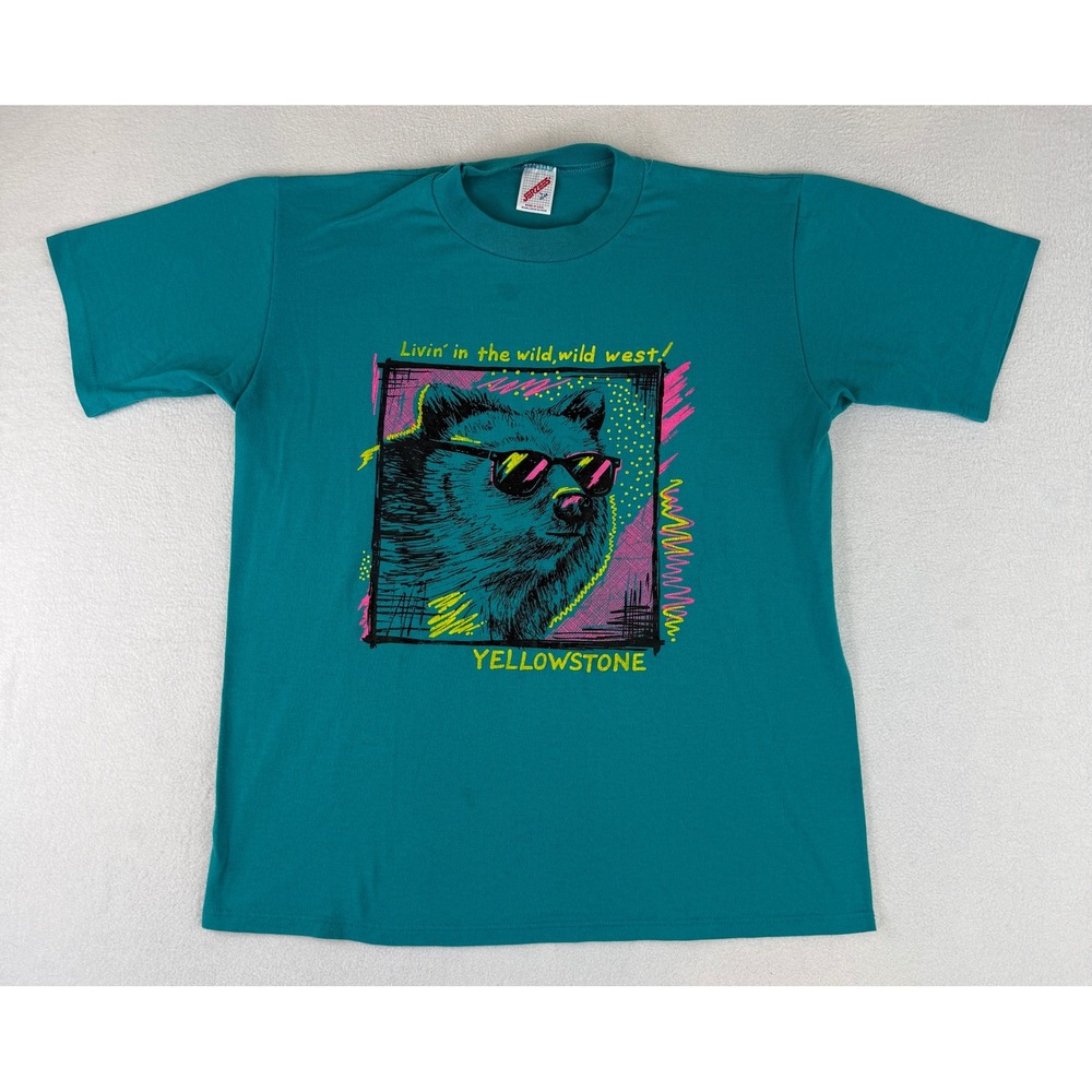 Jerzees‎ T-Shirt Mens Large Teal Yellowstone Bear 80s Vintage USA